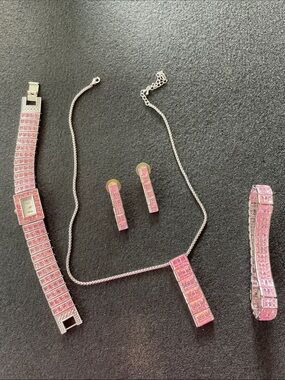Pink Crystal Necklace Earrings Bracelet Set + Bonus Watch Jewels By ParkLane